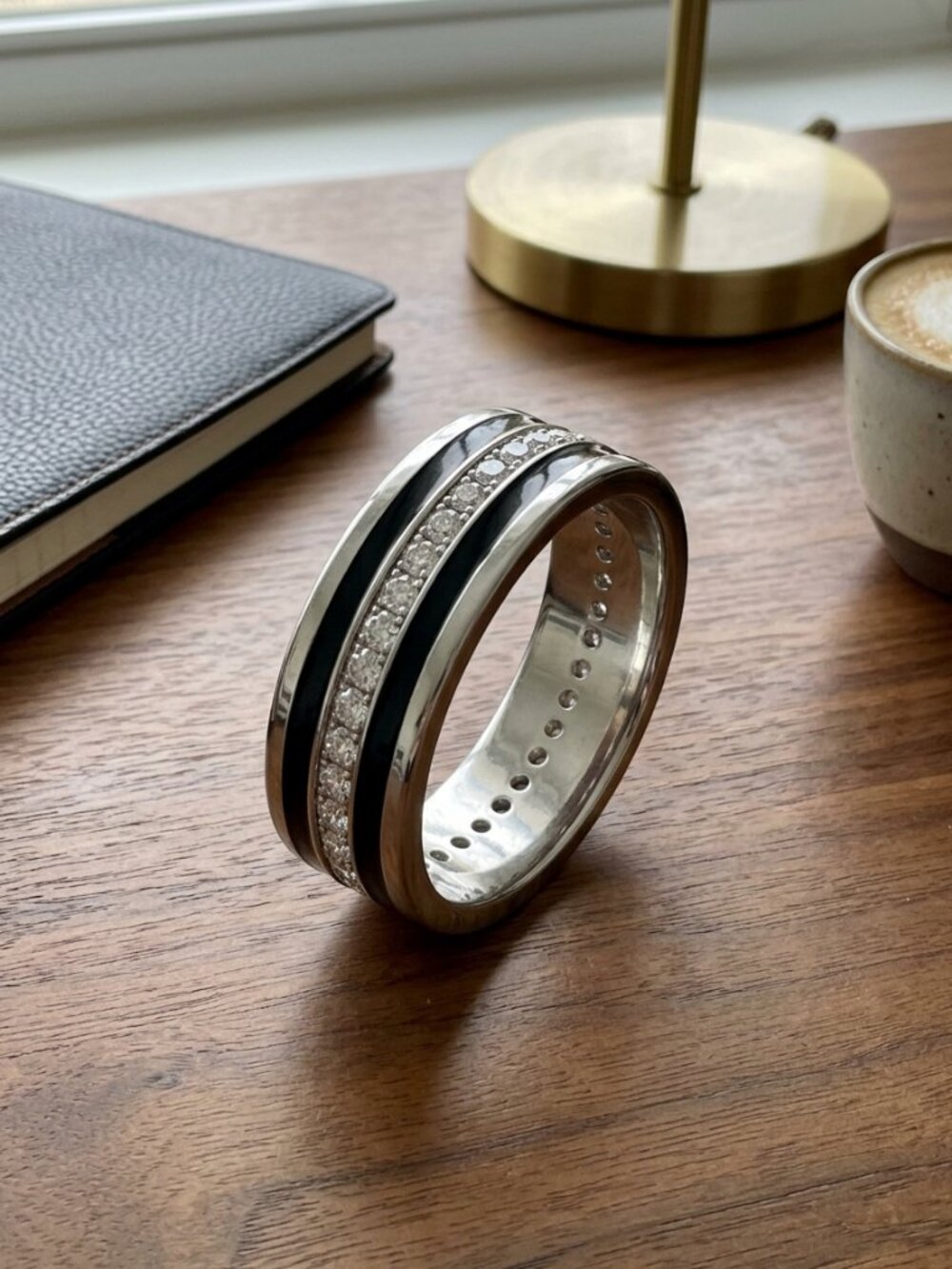 Mens Moissanite Wedding Band for Men with Black Epoxy Painting Sz 9-14